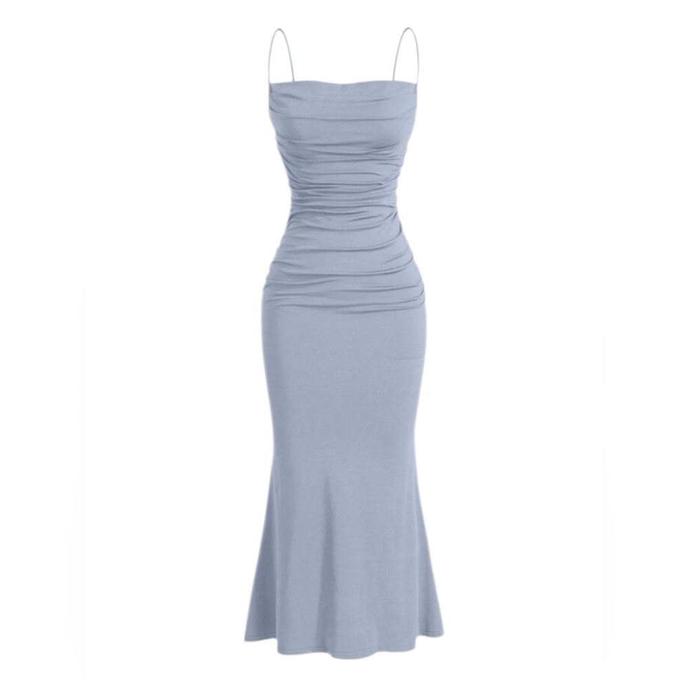 NWT! Light Blue Spaghetti Strap Ruched Midi Dress